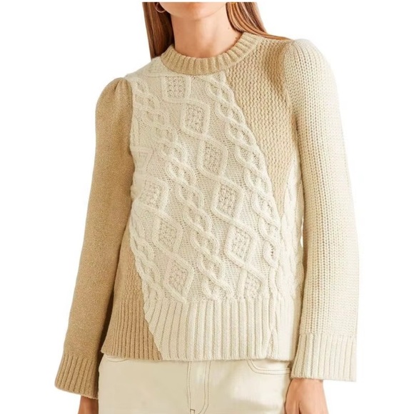 Co. Alpaca Blend Cream/Sparkle Tan Flared Long Sleeve Cable Crewneck Sweater. Sm - Picture 1 of 10